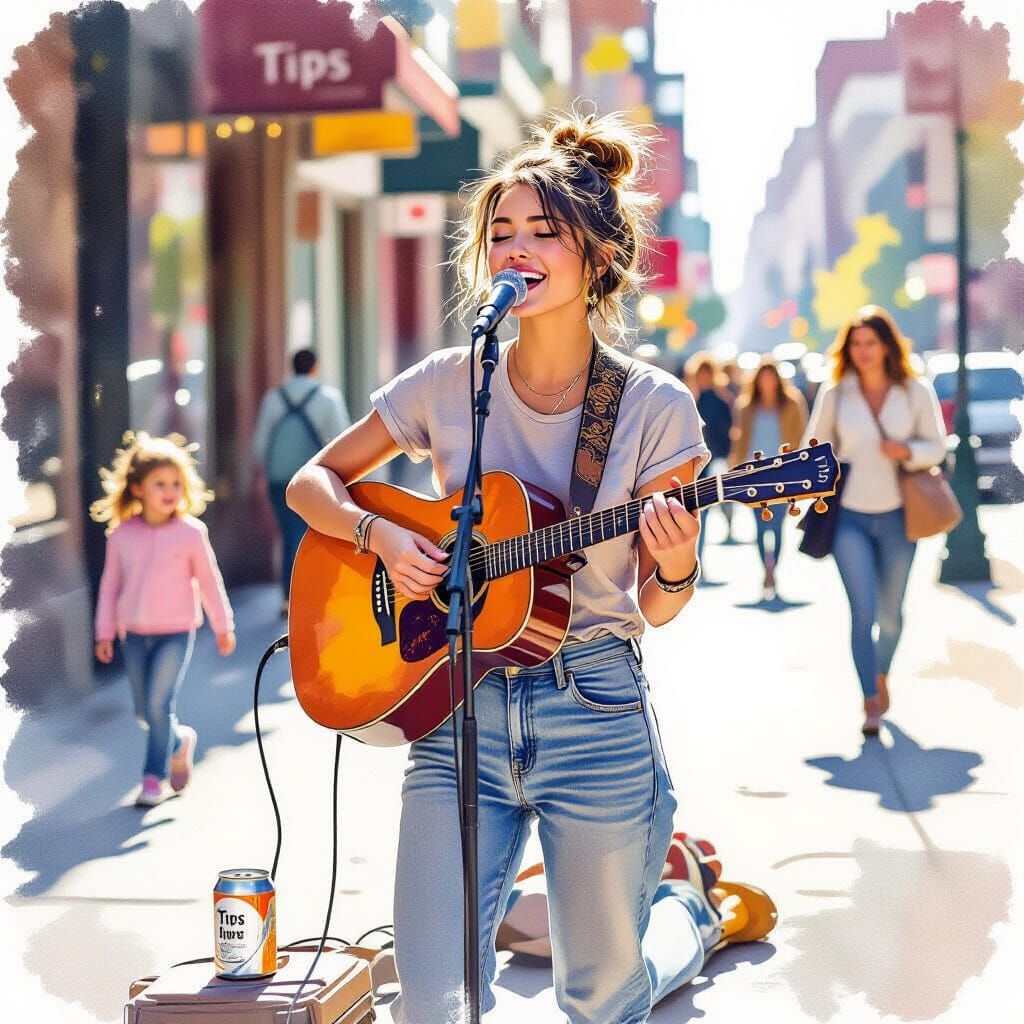 Woman Sings Guitar on City Sidewalk in Watercolor Style