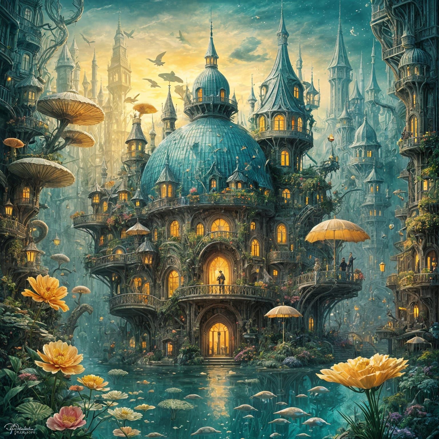 Whimsical Underwater City in a Dreamlike Double Exposure