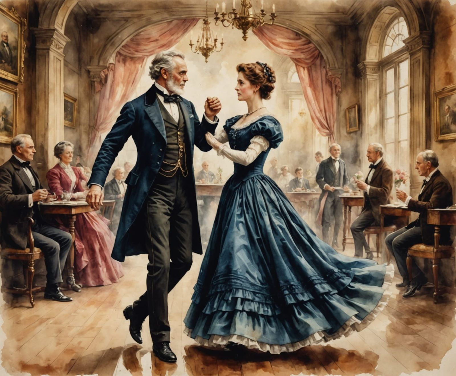 Elegant Victorian Couple Dance in Realistic Watercolor
