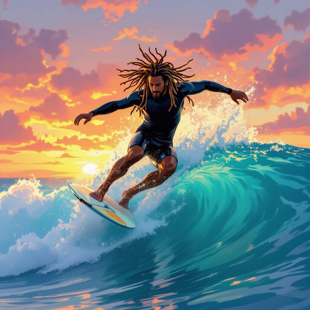 Surfer Soaring Above Wave at Sunset in Vibrant Style