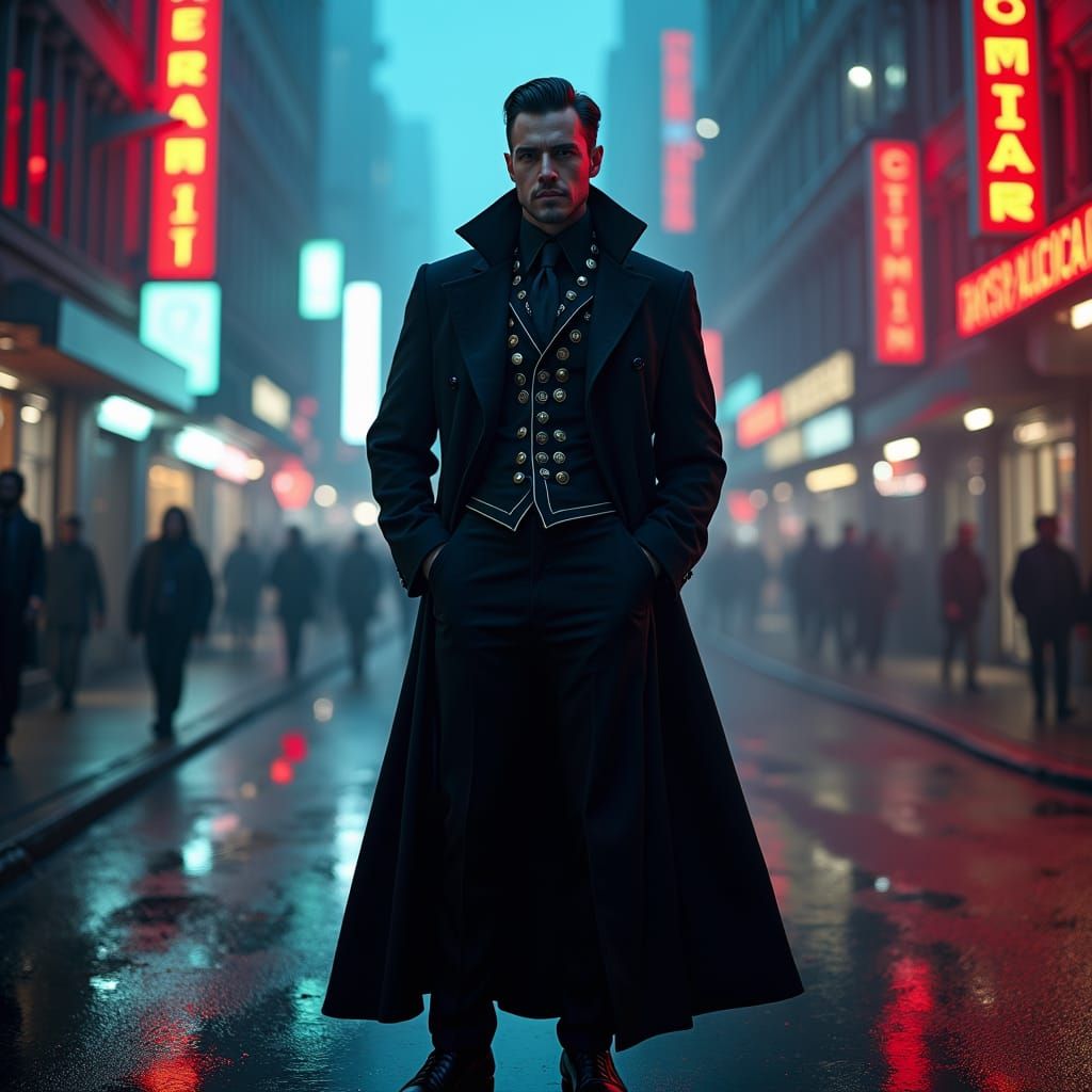 Cyberpunk Gomez Addams in Dystopian Cityscape