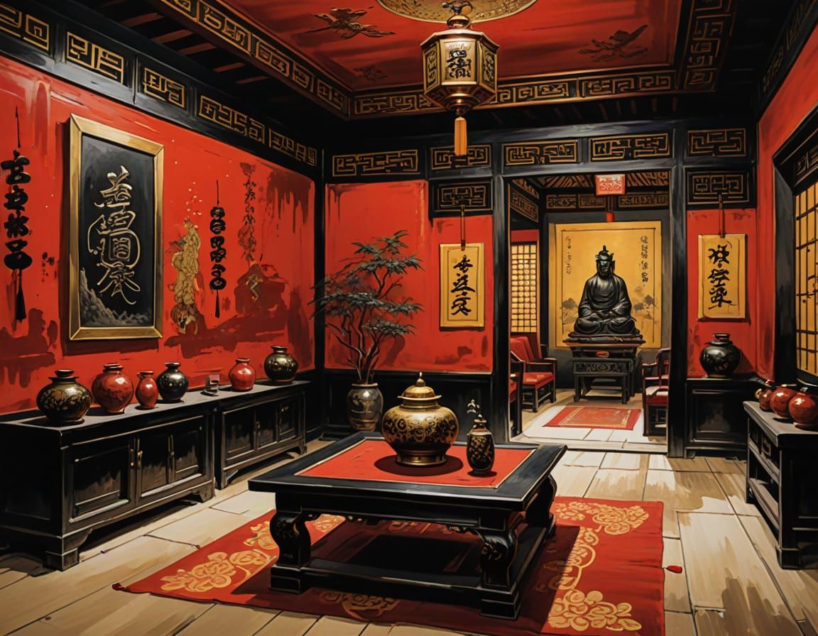 Chinese Temple Scene in Traditional Red and Black