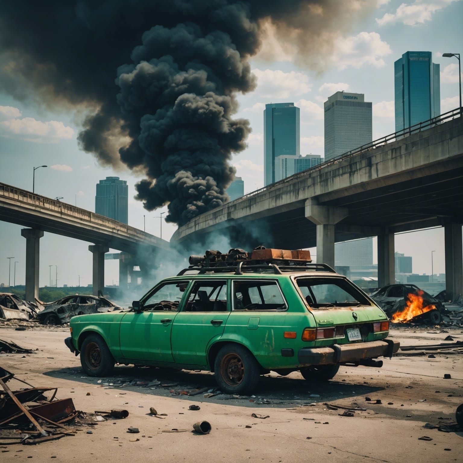 Post-Apocalyptic Green Honda Wagon on Wrecked Freeway
