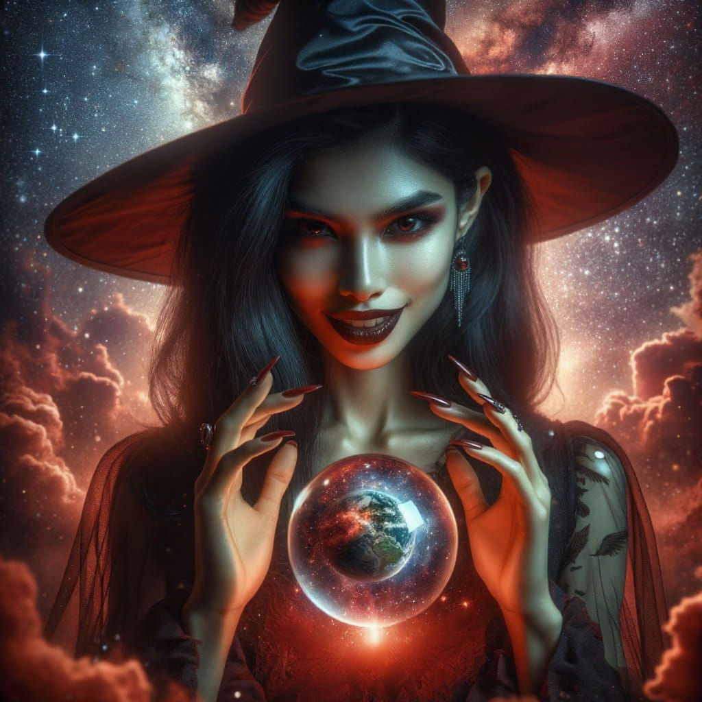 Enchanting Female Mage Holding Planet in Glass Sphere