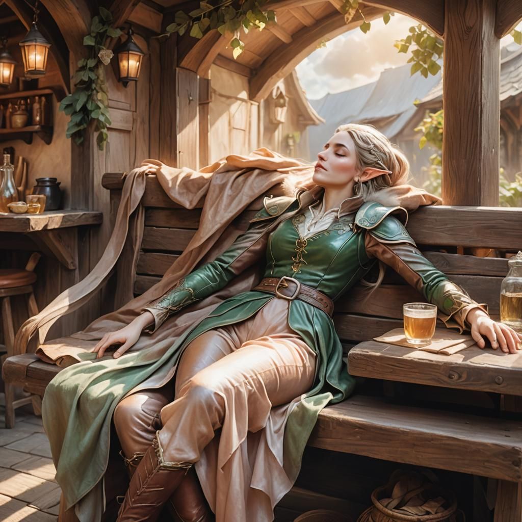 Elf Lady Sleeping in Tavern: Fantasy Illustration