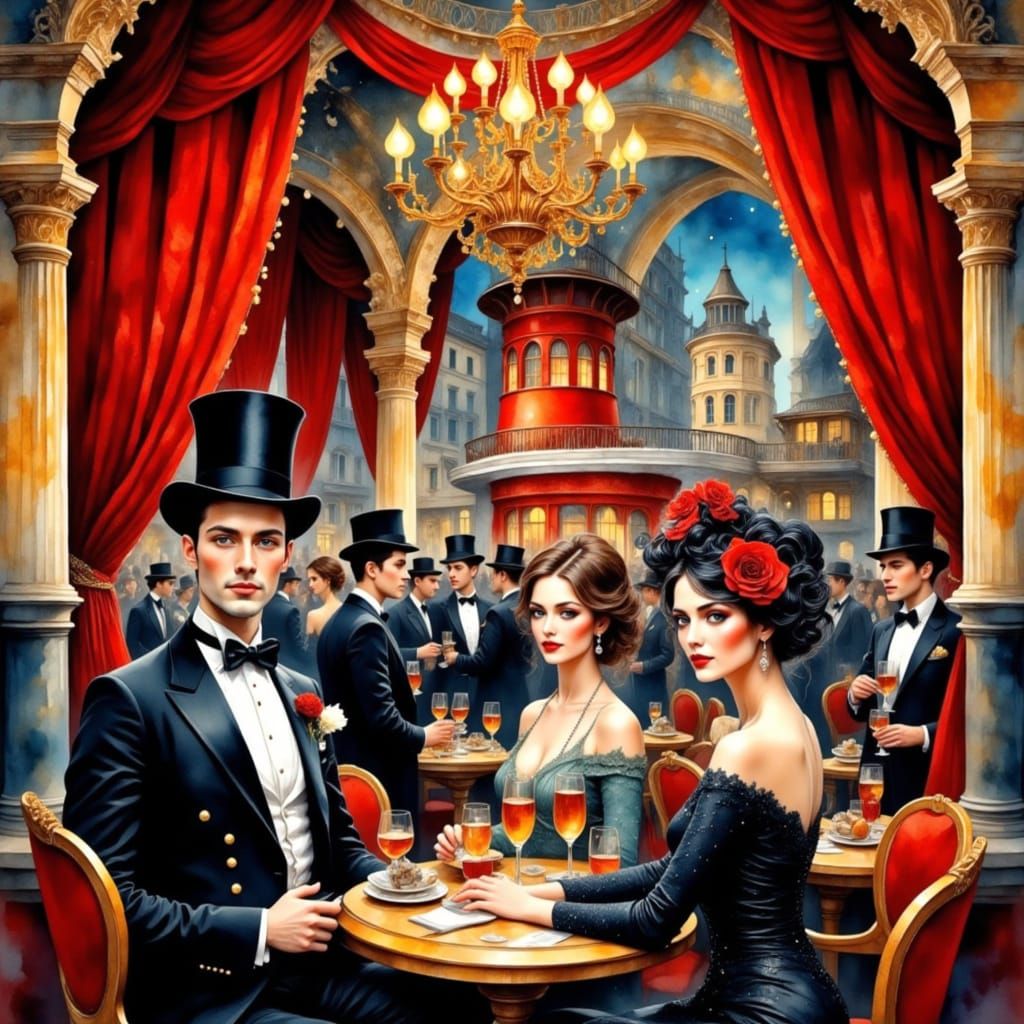 Opulent Moulin Rouge Nightlife Scene in Watercolour Style