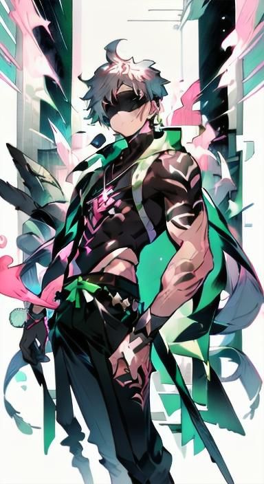 Pink and Green Time Mage in Line Art Style