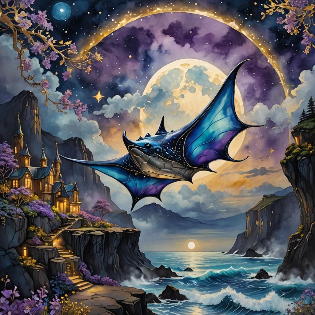 Magic flying manta ray visiting the castle on the cliff