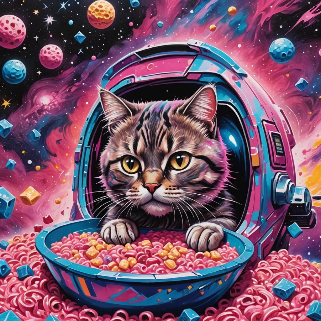 Cat Eating Cereal in Spaceship, Cosmic Graffiti Art