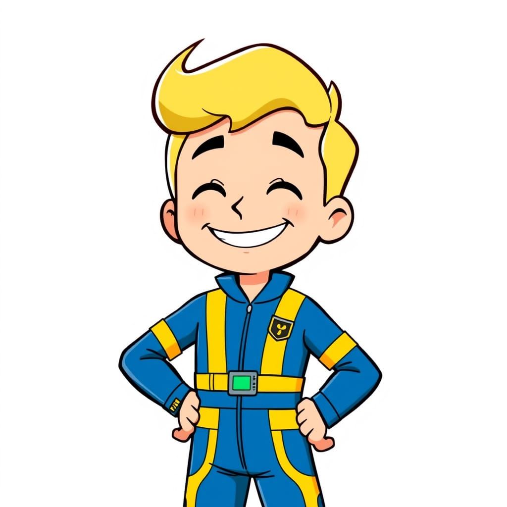 Classic Cartoon Vault Boy Character with Vibrant Jumpsuit an...