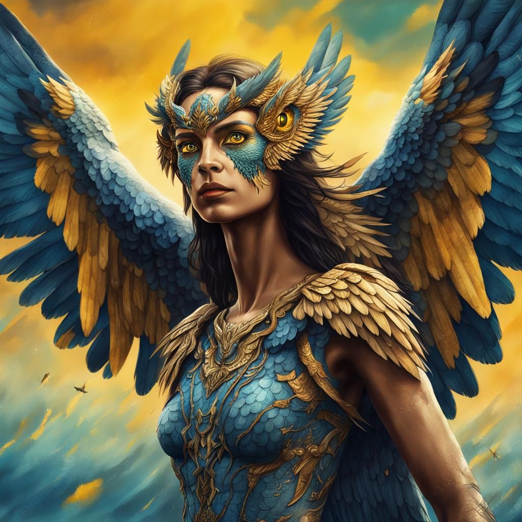 Watercolor Harpy with Yellow Eyes in Sky