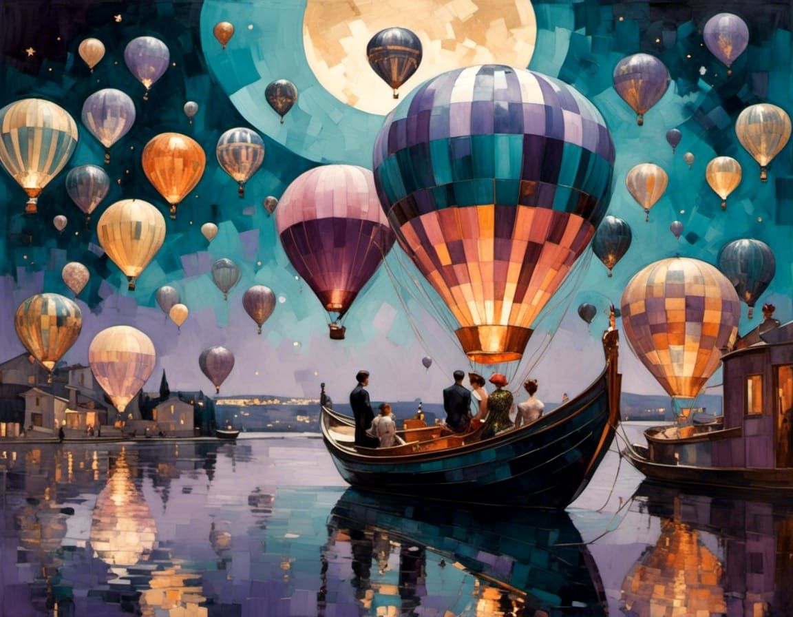 Hot Air Balloons at Night in Watercolor Style