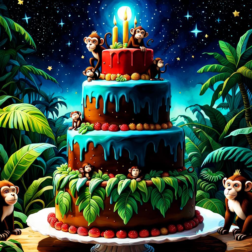 Swinging Monkey's Jungle Scene Happy Birthday Cake