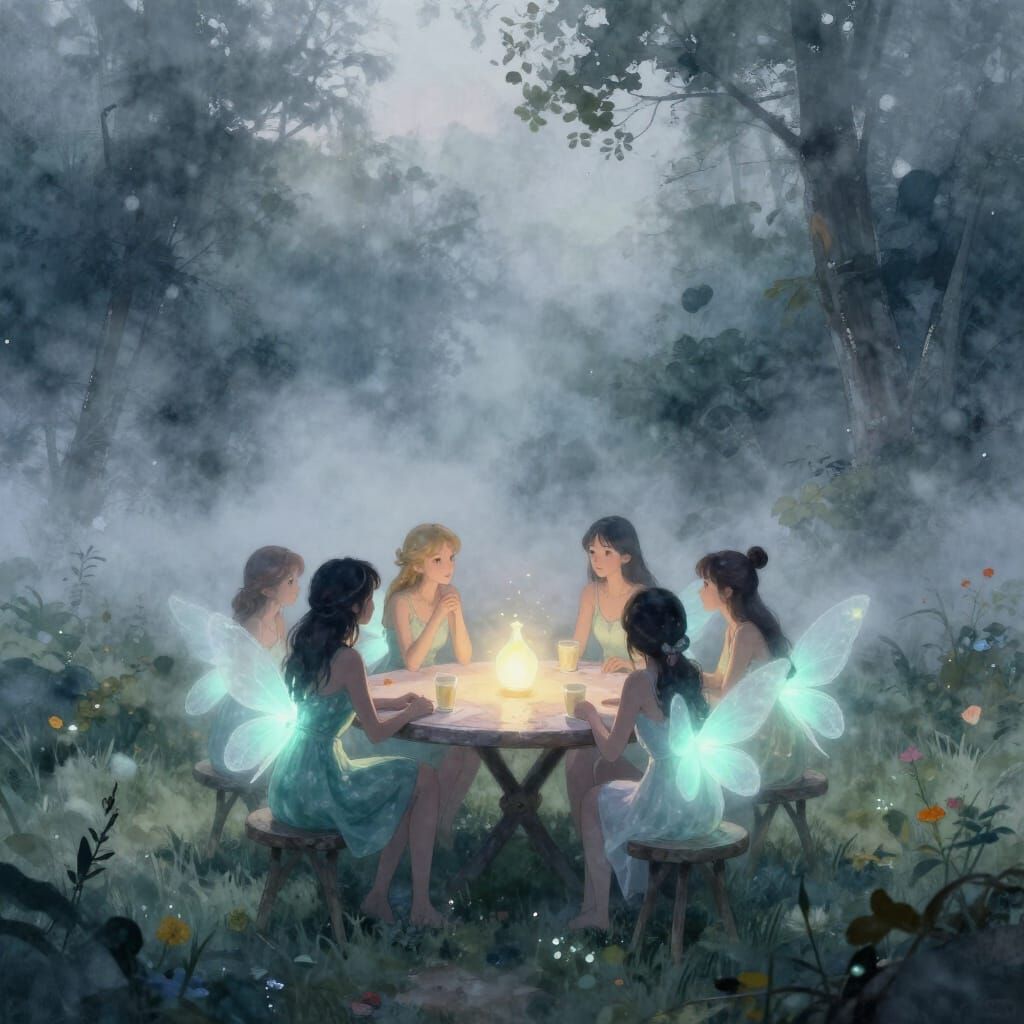 Bioluminescent Fairies Gossiping in Foggy Watercolor Landsca...