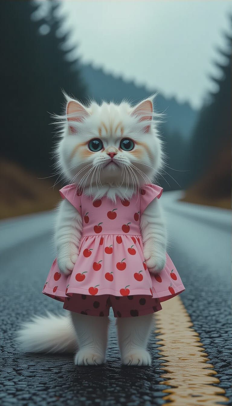 Sad Fluffy Cat Cries on Desolate Road in Pink Dress