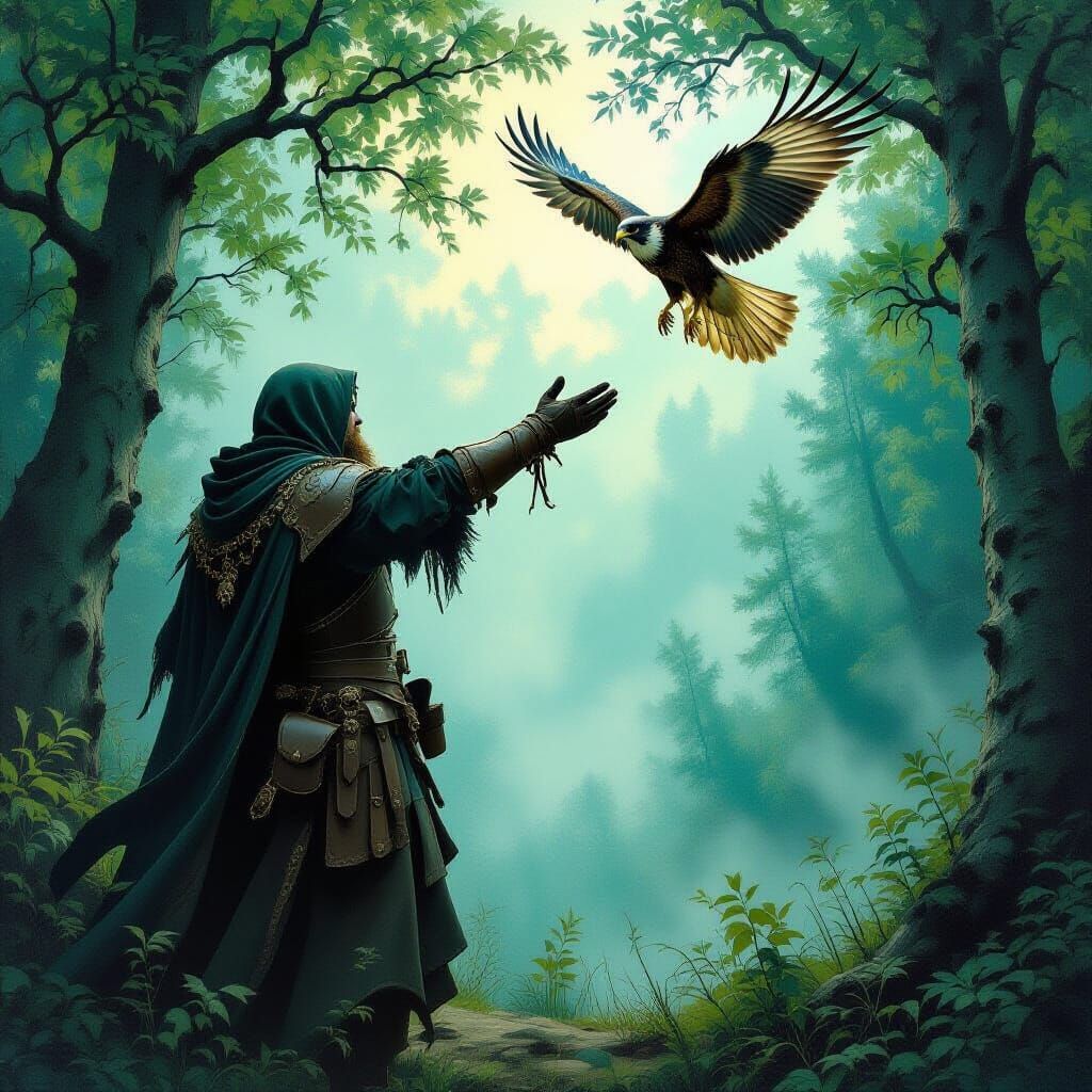 Mysterious Falconer in Emerald Forest, Dramatic Lighting