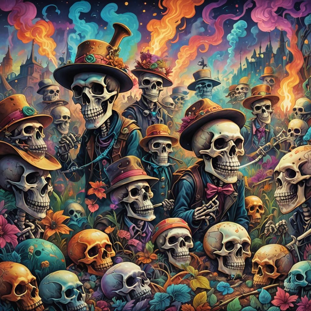 Psychedelic Rats Smoking in Skull Landscape