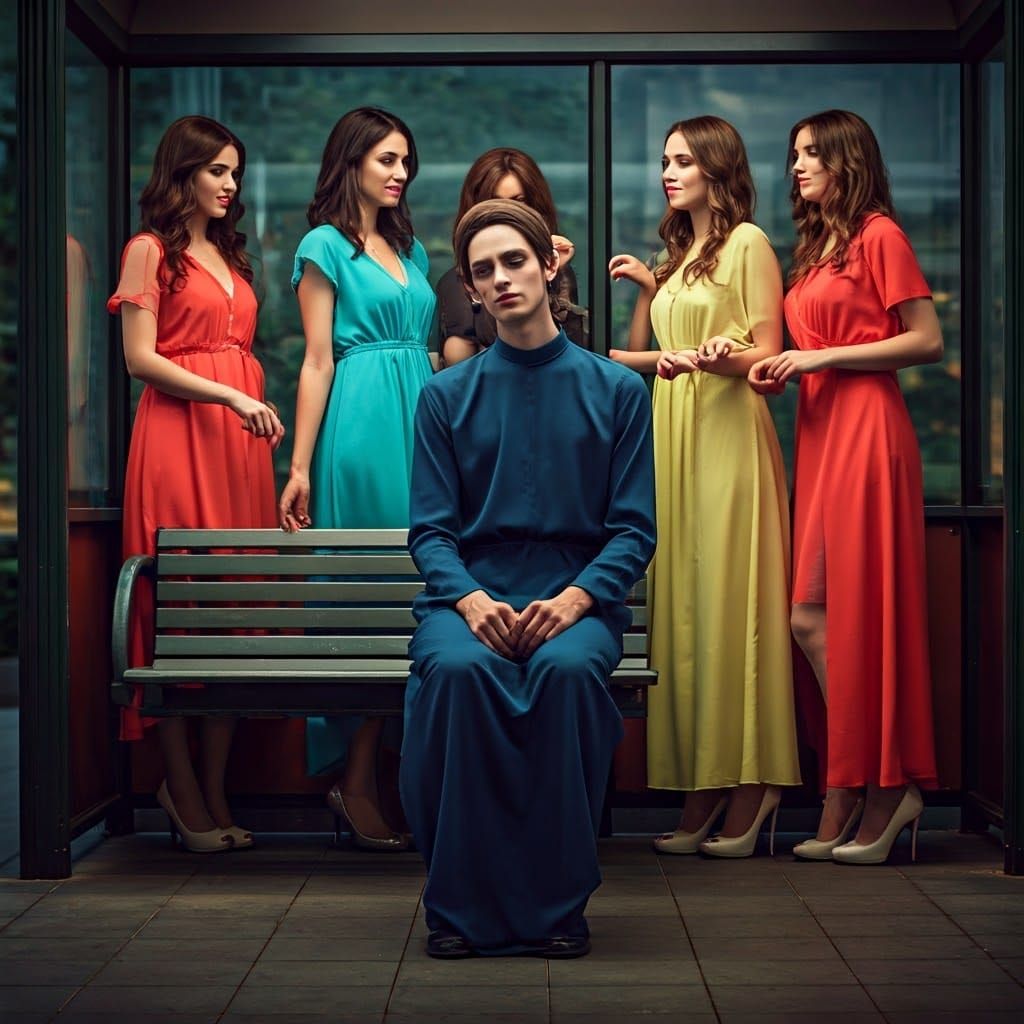 Young Man in Muslim Dress, Surrounded by Carefree Women