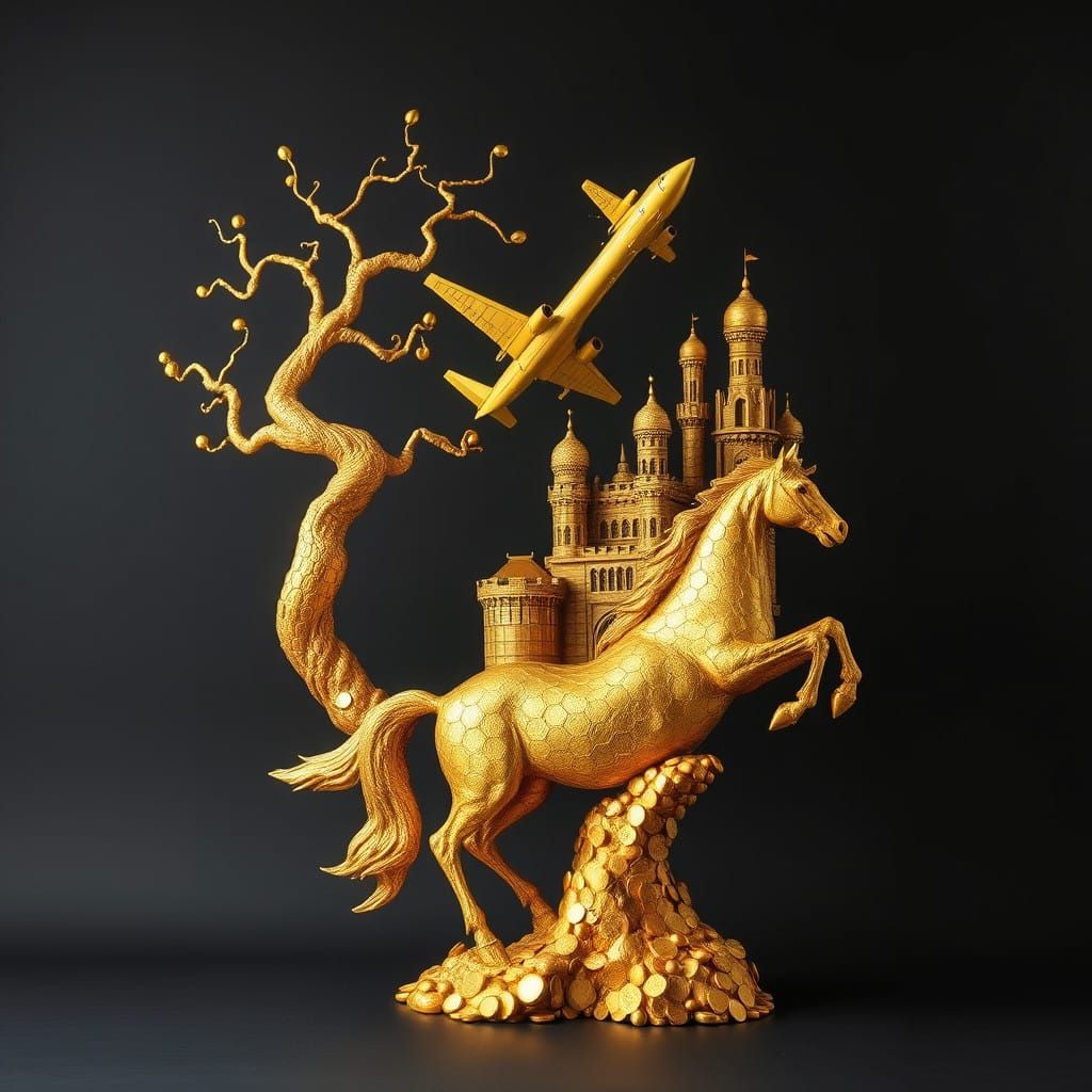 Golden Coin Sculpture of Tree, Airplane, Castle, and Horse