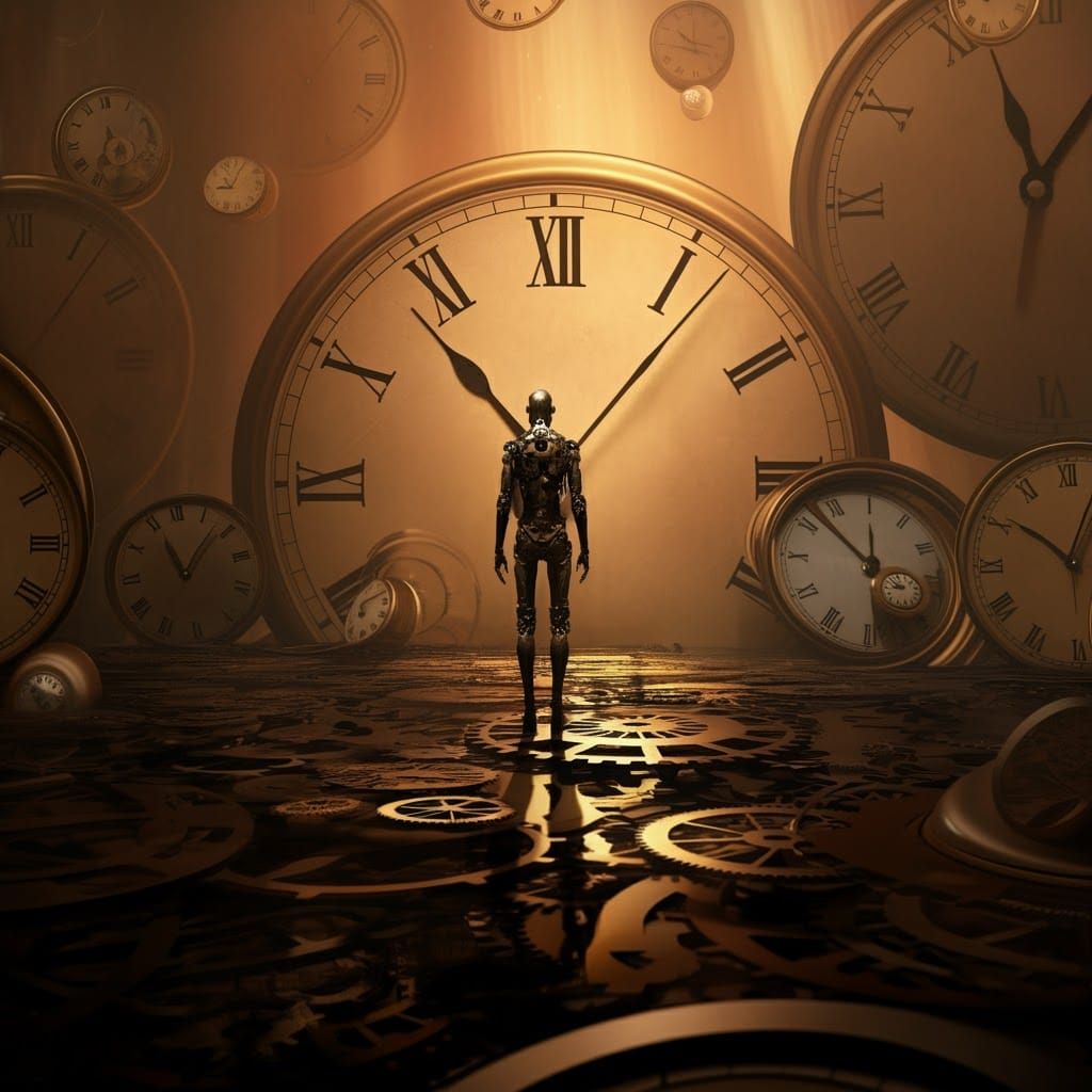 Clockwork Figure in Surreal Landscape, Dreamlike Painting