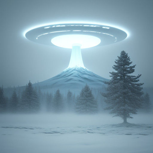 Surreal UFO Descends onto Frosty Landscape in Ethereal Glow