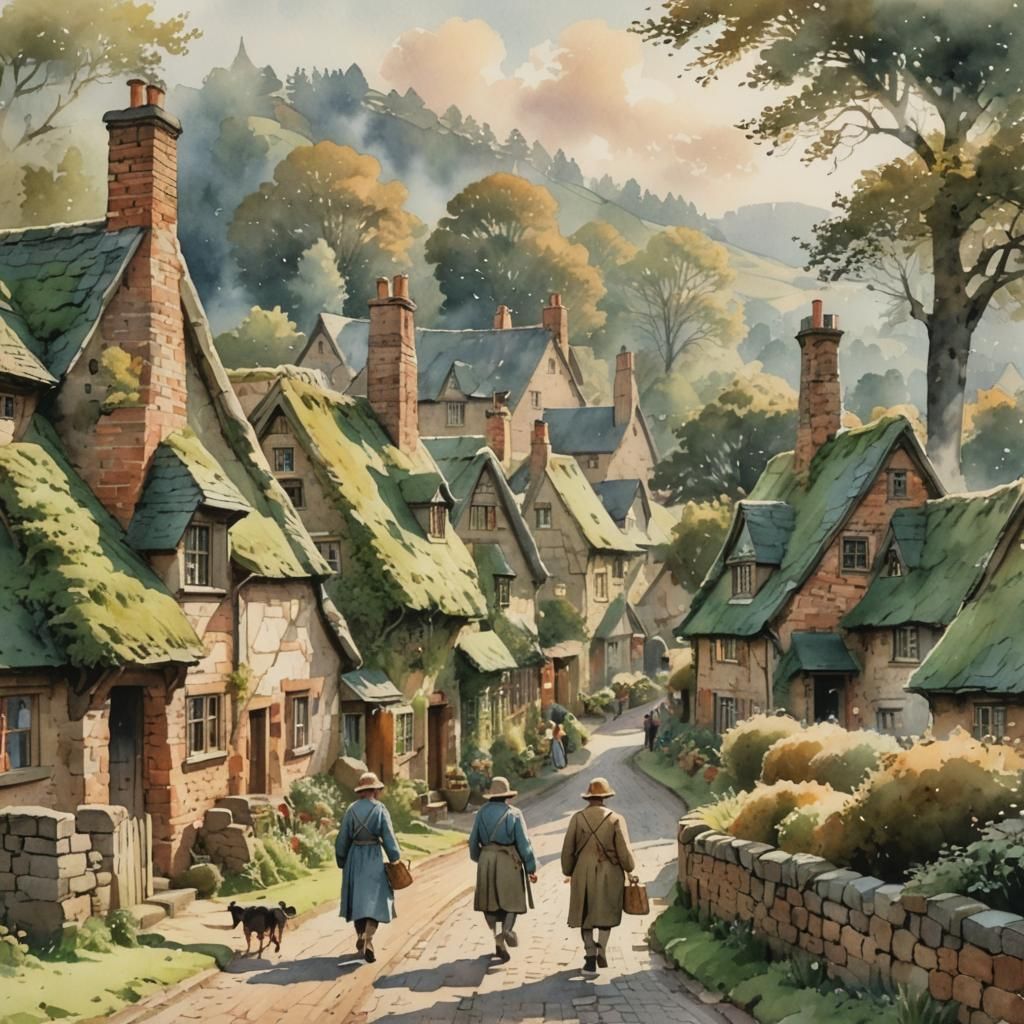 Idyllic Village Scene in Watercolor Style