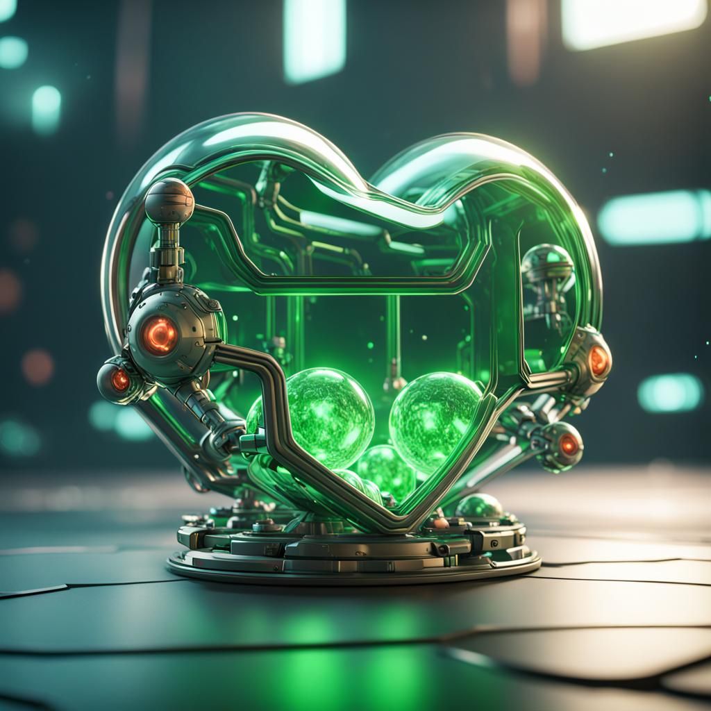 Glass Heart with Green Orbs in Sci-Fi Style