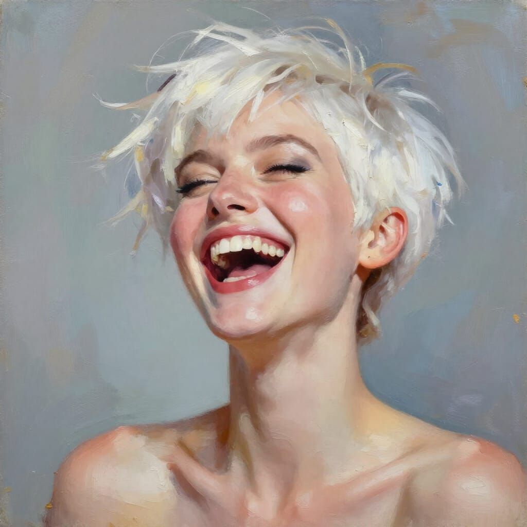 Joyful Woman Laughing in Vivid Oil Painting