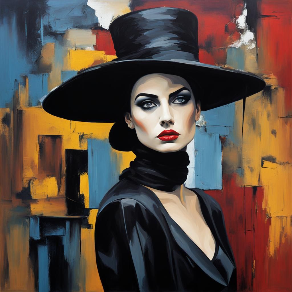 Damaged Art Gallery with Goth Model in Cubist Style