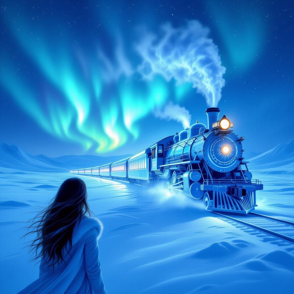 Enchanted Ice Train in Aurora Borealis Sky