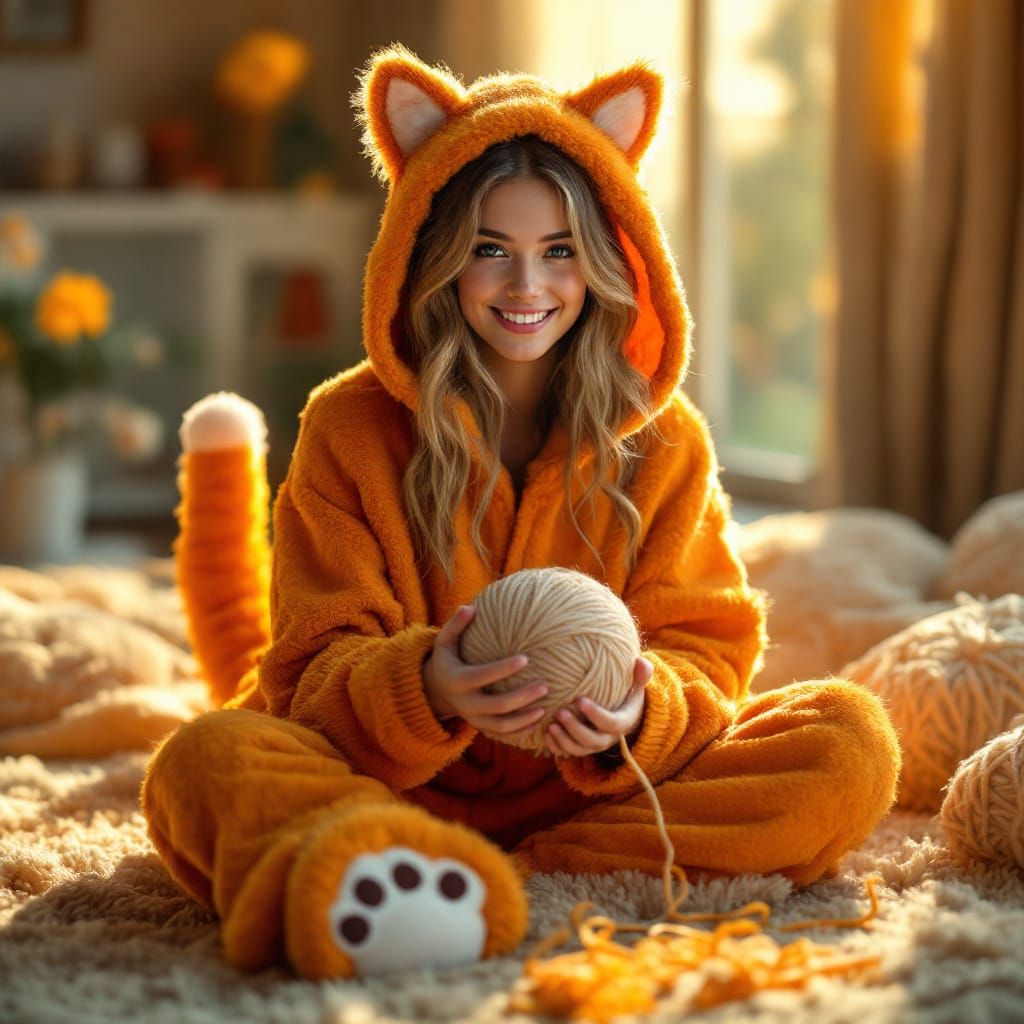 Woman in Cat Costume Plays with Yarn