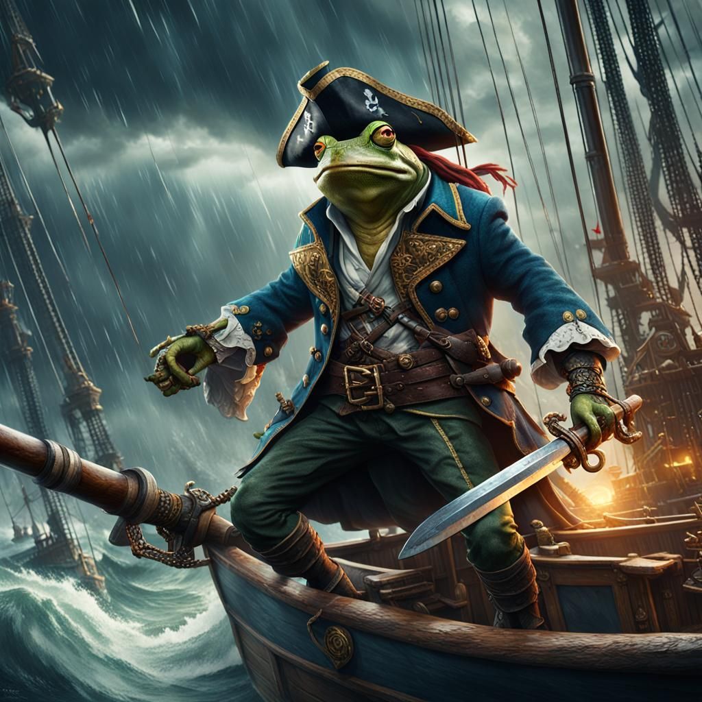 Pirate Frog Man Battles Storm on Ship