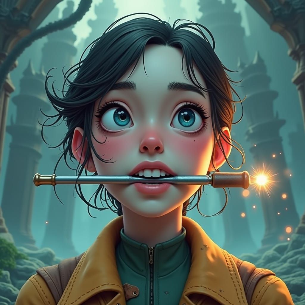 Fierce Fantasy Warrior Holds Screwdriver in a Mystical Citys...