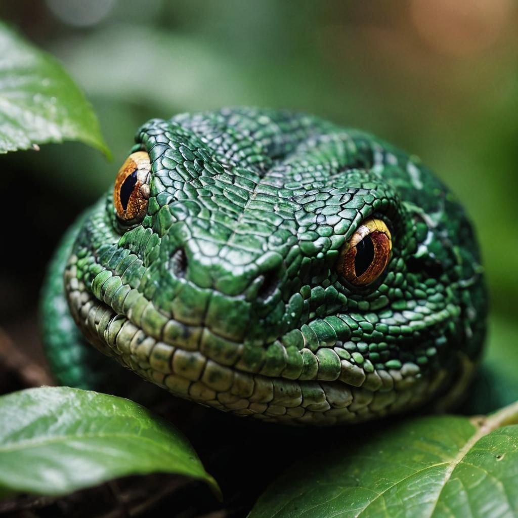 Green Serpent Portrait with Mischievous Smile in Bokeh