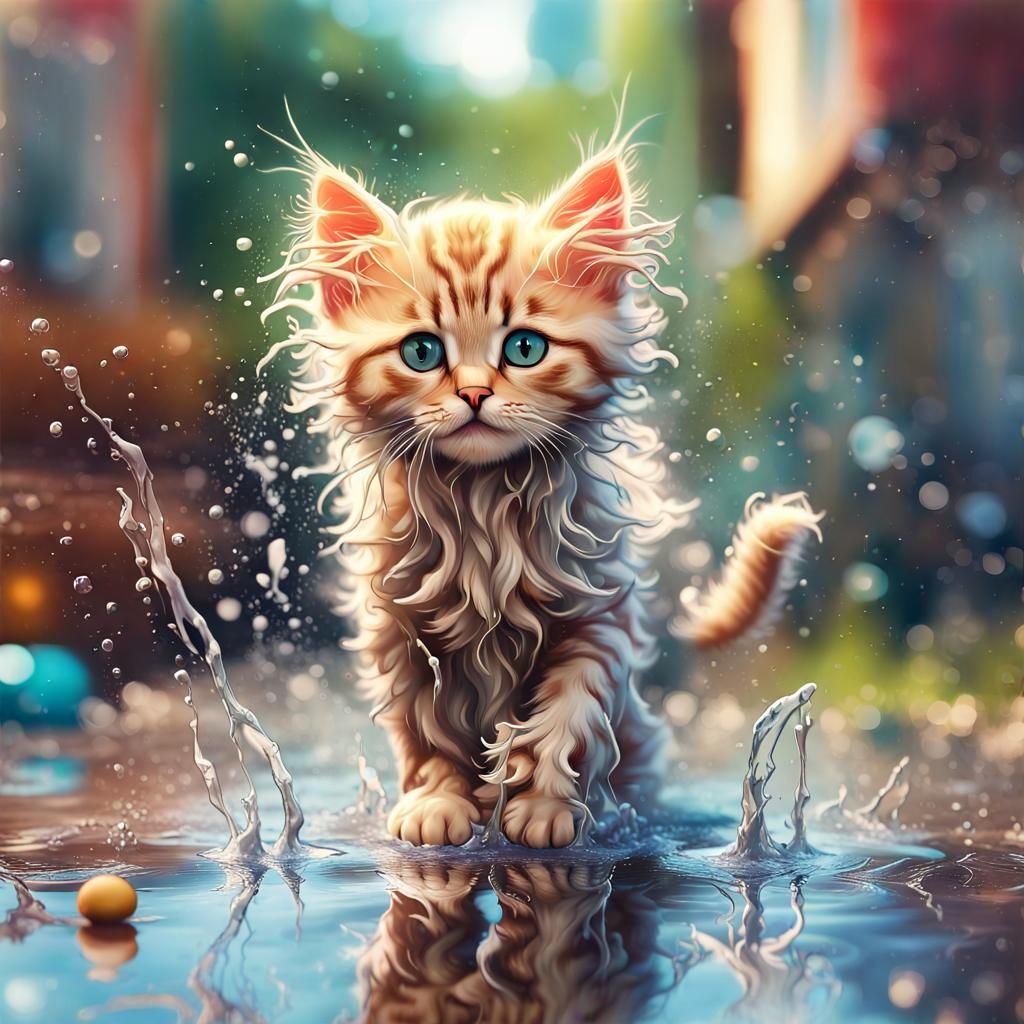 Astral Kitten Splashing: Hyperdetailed Toyism Style