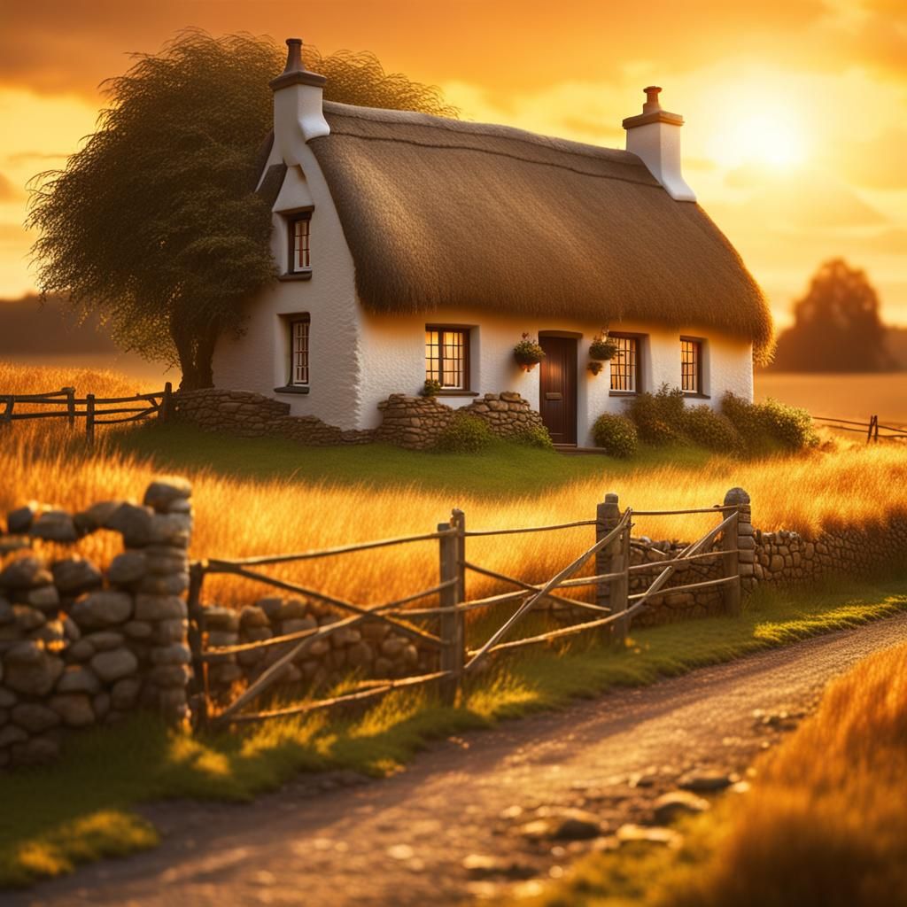 Irish Thatch Cottage in Golden Sunset Light