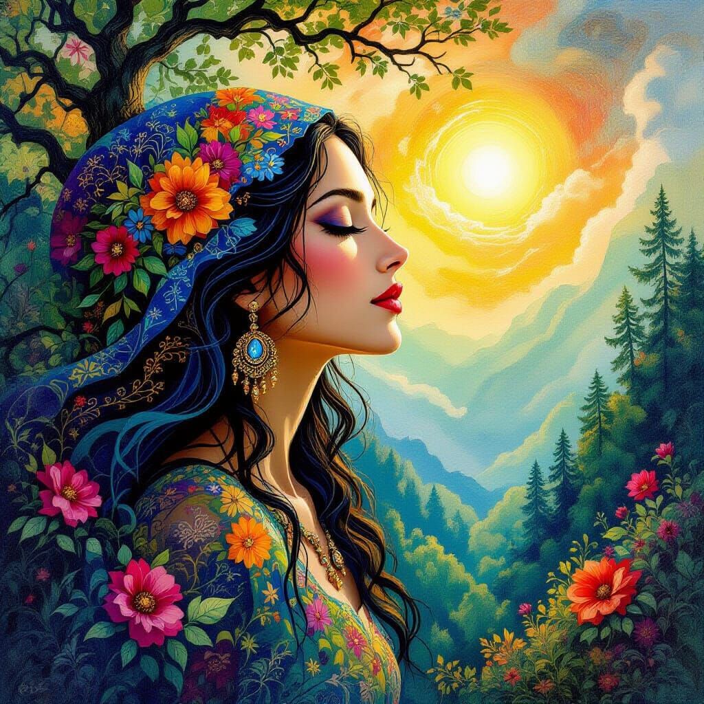 Surreal Gypsy Woman Merging with Enchanted Forest