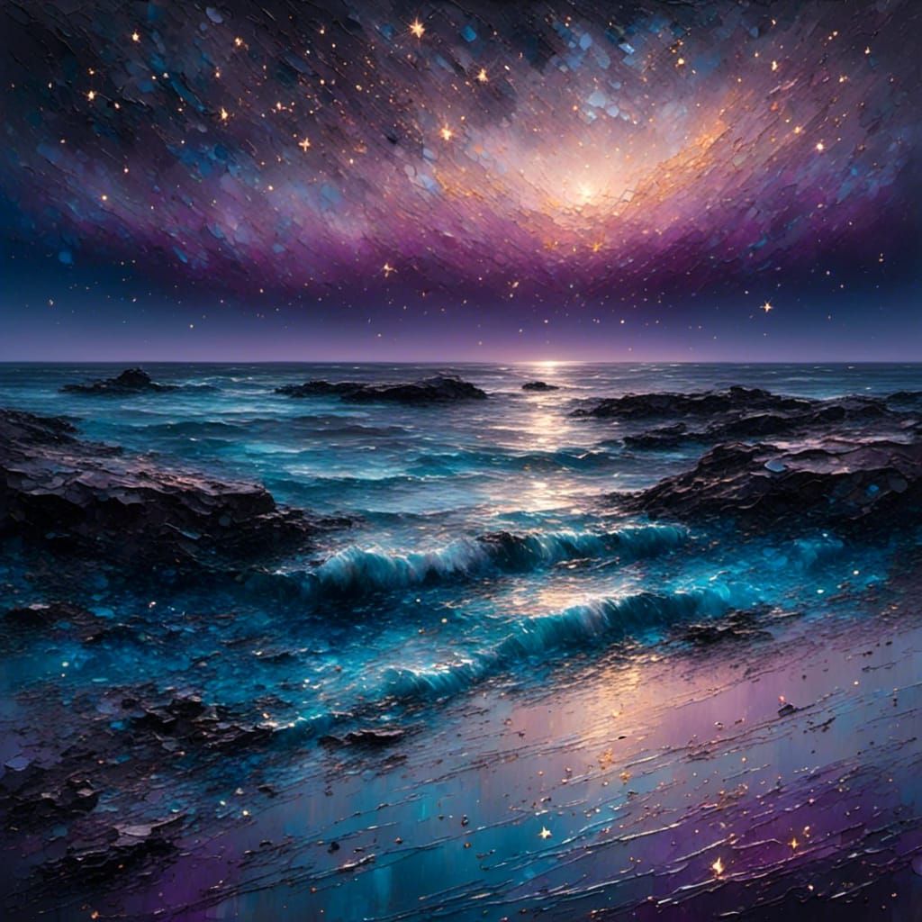 Starry Seascape Reflected as Ethereal Oil Painting