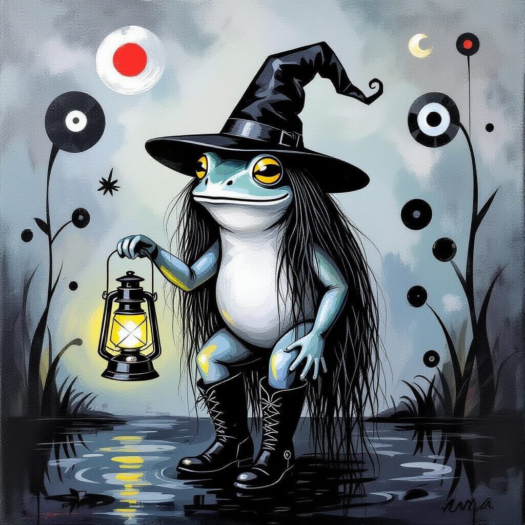 Silver Frog in Enchanted Swamp, Whimsical Abstract Style