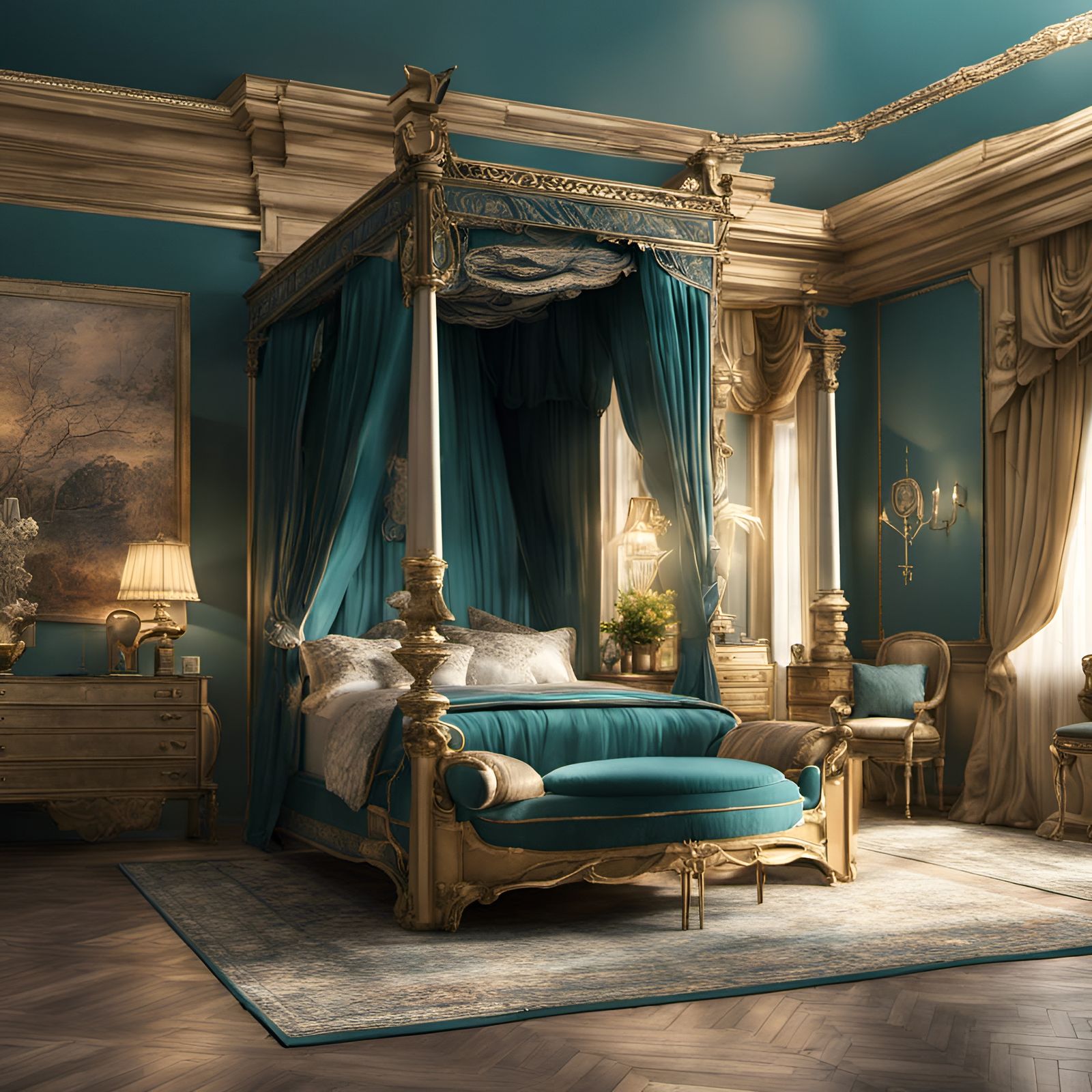 Teal and golden, with regency style