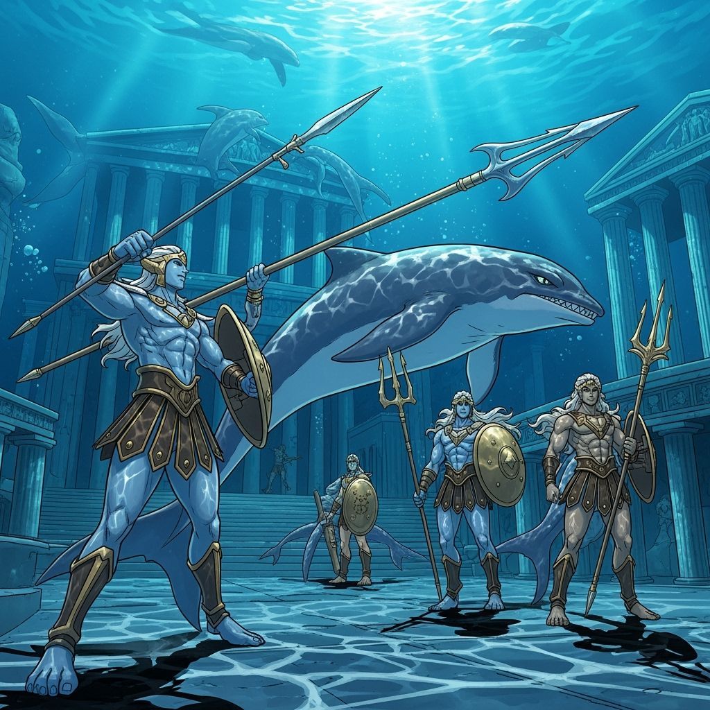 Atlanteans Wielding Spears in Underwater City
