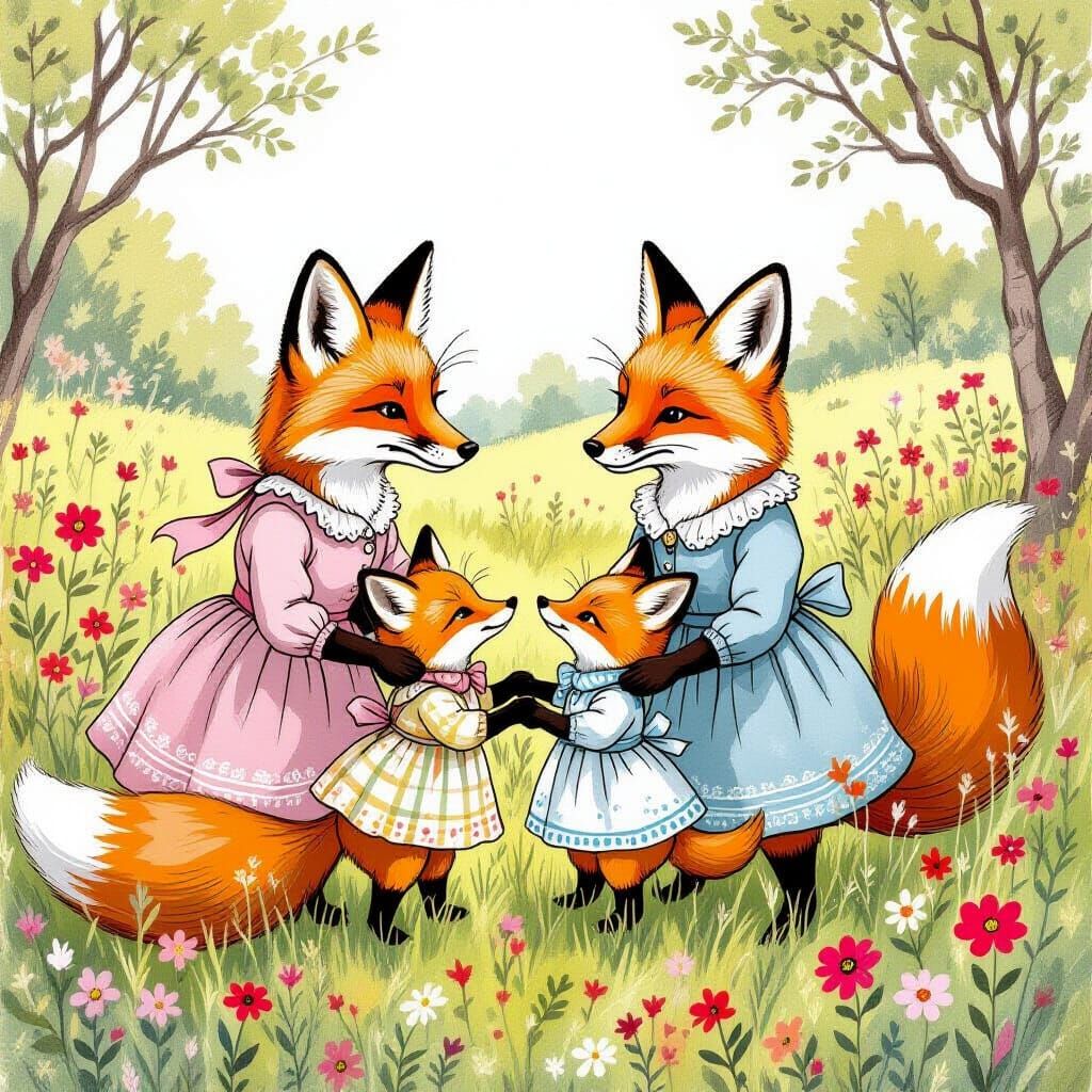 Whimsical Fox Family in Lush Meadow