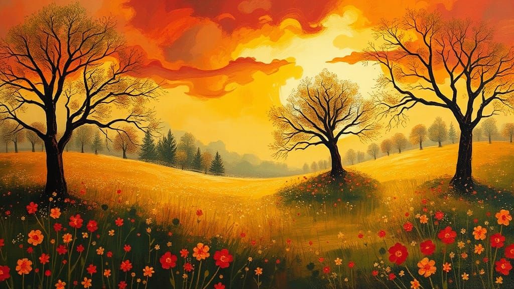 Impressionist Spring Meadow Landscape with Swirling Clouds