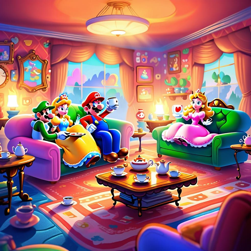 Mario, Luigi, and Peach Enjoying Tea in Cartoon Style
