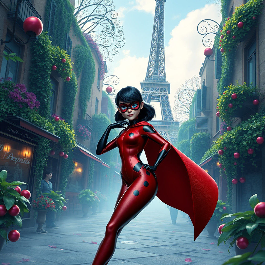 Miraculous Ladybug in Dreamlike Parisian Streetscape