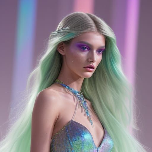 Iridescent Gown on Mirrored Runway: Surreal Fashion