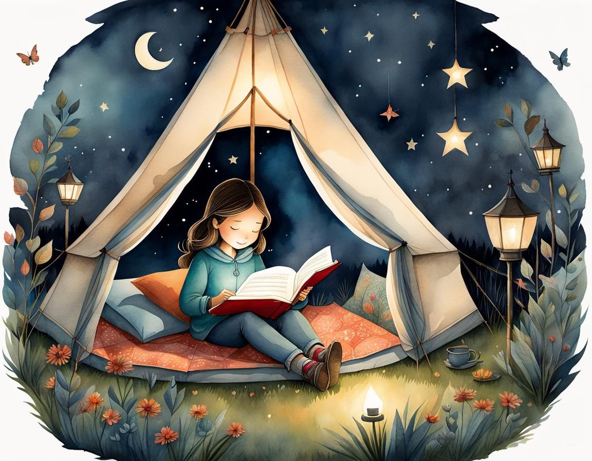 Whimsical Girl Reading in Tent Illustration