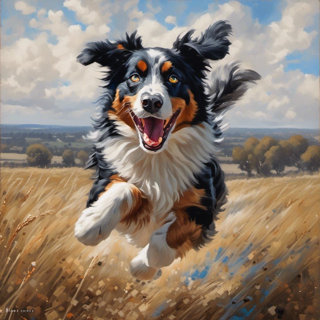 Joyful Australian Shepherd Running: Oil Painting