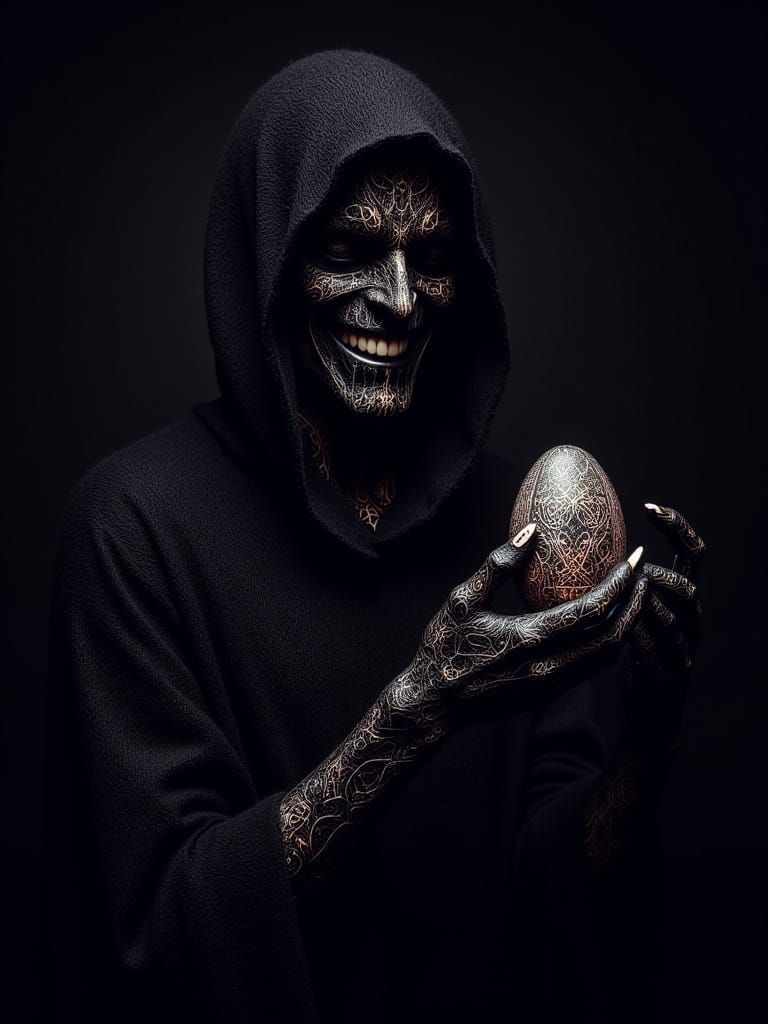 tattooed demon with egg covered in runes