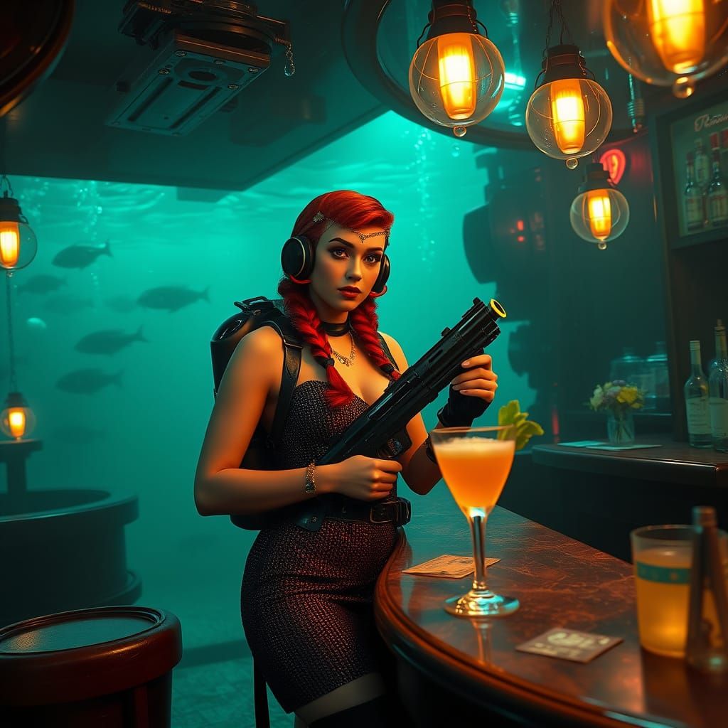 Underwater Speakeasy: Flapper Diver in Cyberpunk Style